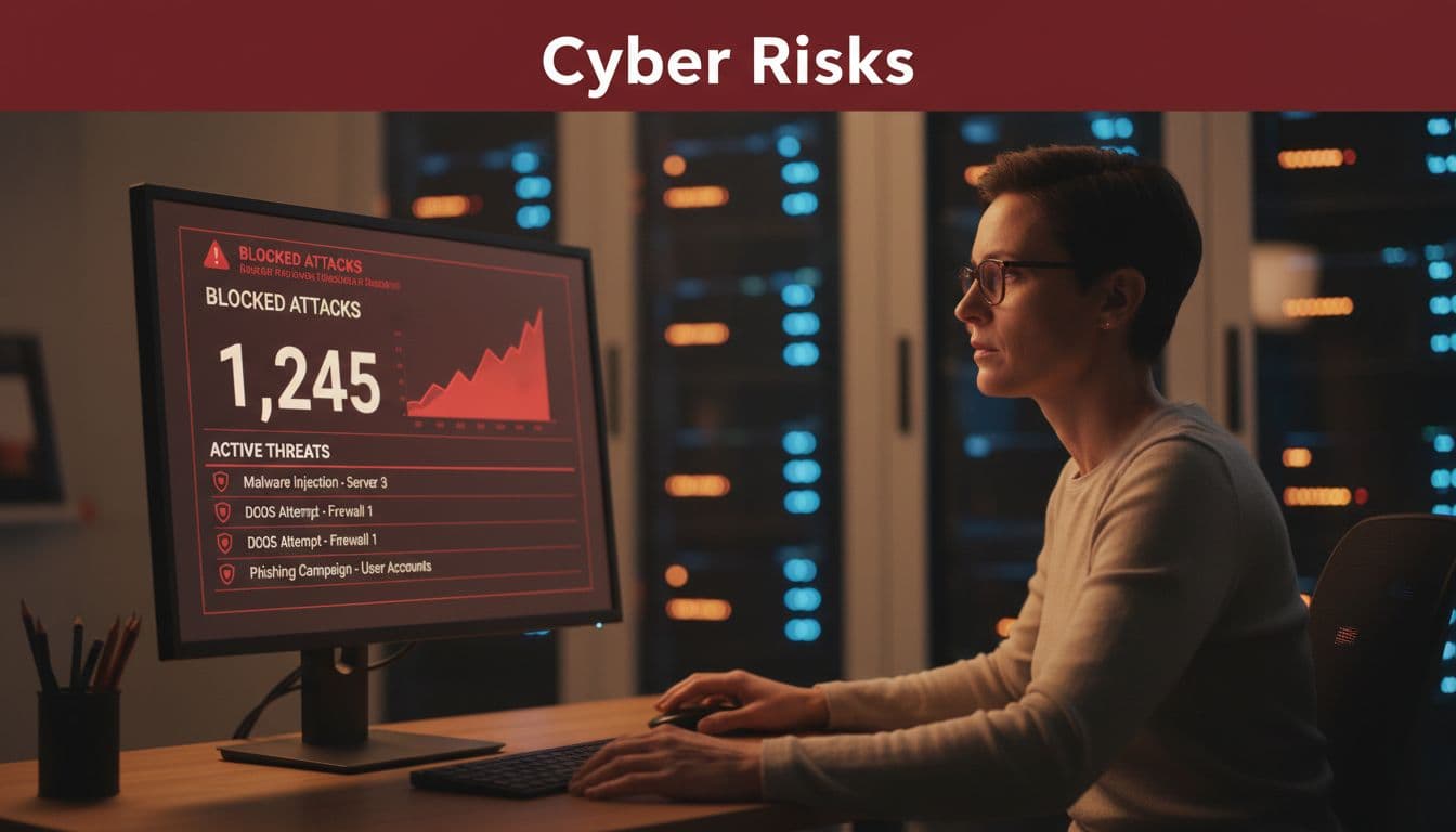 Alert cybersecurity dashboard on a computer screen showing red threat warnings and blocked attacks in a small business control room, with a concerned IT admin monitoring relaxed with one hand on the mouse and modern server racks glowing in the background.