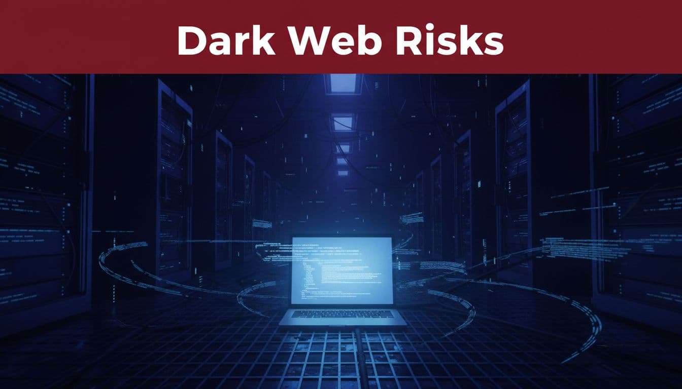 Dark shadowy network of hidden servers and data leaks in a cyber underworld, with a central glowing laptop screen showing faintly blurred leaked credentials, in editorial illustration style.