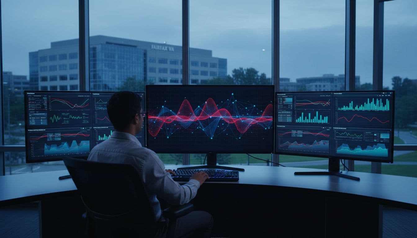 A professional IT technician in a modern control room remotely monitors network dashboards on multiple screens showing uptime metrics, with a calm efficient atmosphere and Fairfax VA office visible through the window.