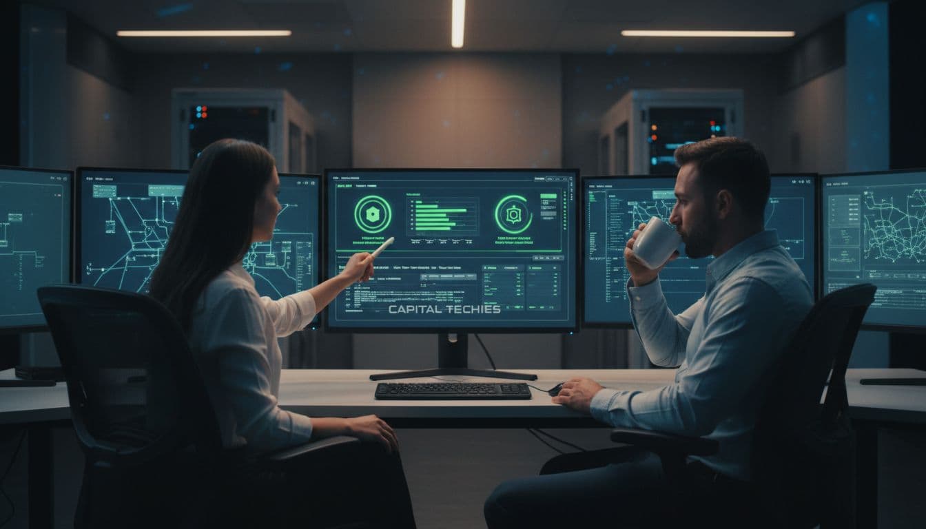 Team of IT professionals monitoring networks on multiple screens with secure dashboards showing green HIPAA compliance indicators in a modern control room.