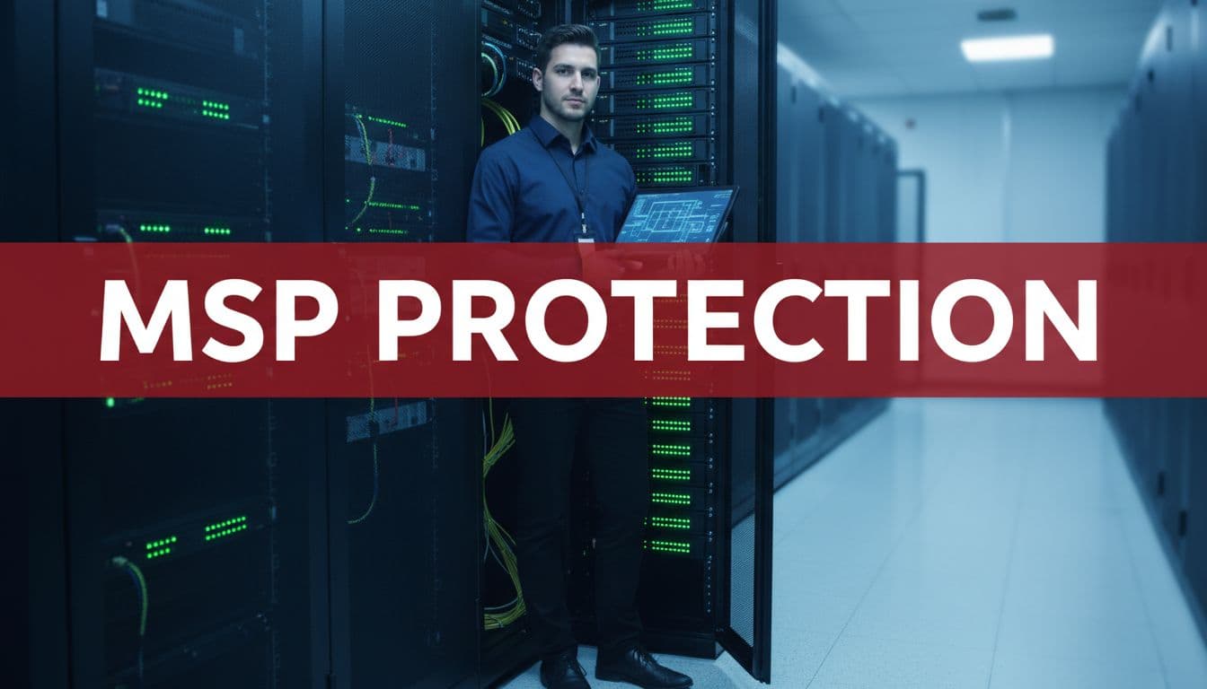 A single IT engineer in professional attire stands relaxed in a cool blue-toned Fairfax VA server room, checking a secure network rack with green status lights while holding a tablet with partially obscured hands. Bold 'MSP Protection' headline in high-contrast white Title Case text on a dark red edge-to-edge band at the top emphasizes managed IT services security against ransomware.