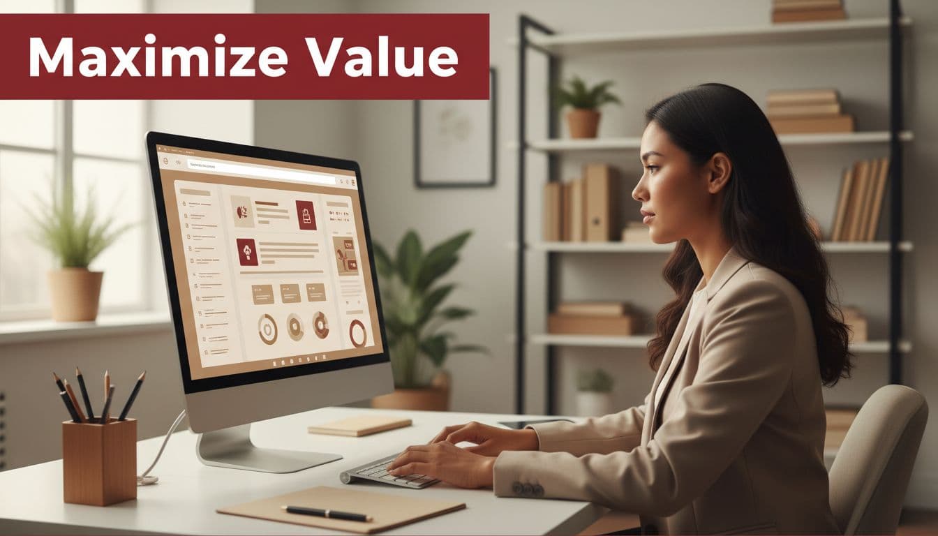 A focused nonprofit administrator configures the Microsoft 365 dashboard on a computer screen at an organized office desk, highlighted by a bold 'Maximize Value' headline in a red band. Professional illustrative style with warm neutrals and soft lighting emphasizes the optimization process.