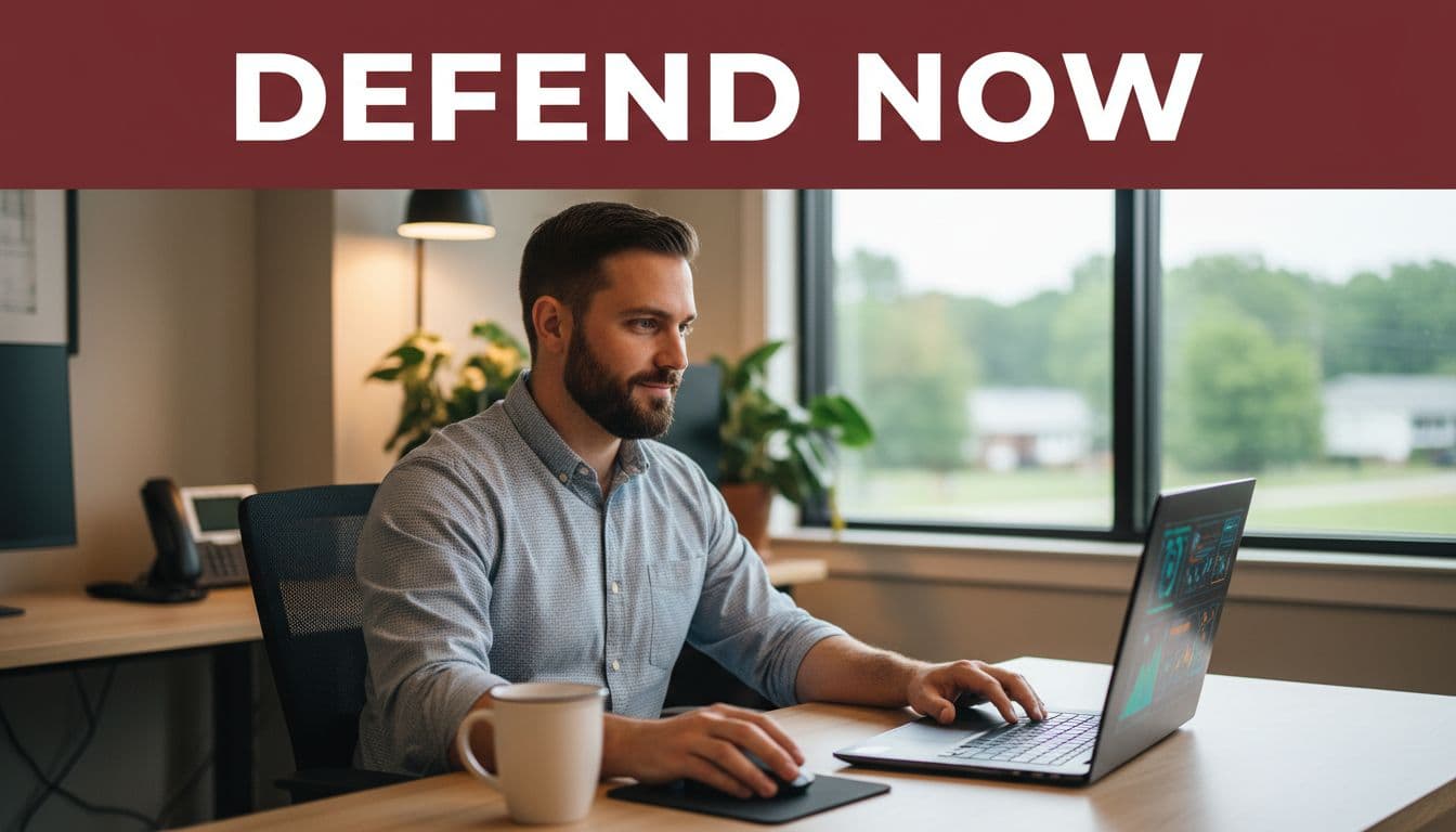 IT helpdesk specialist at a modern desk in a Northern Virginia office monitors a cybersecurity dashboard on a laptop, demonstrating proactive ransomware protection with relaxed confidence and a single coffee mug nearby.