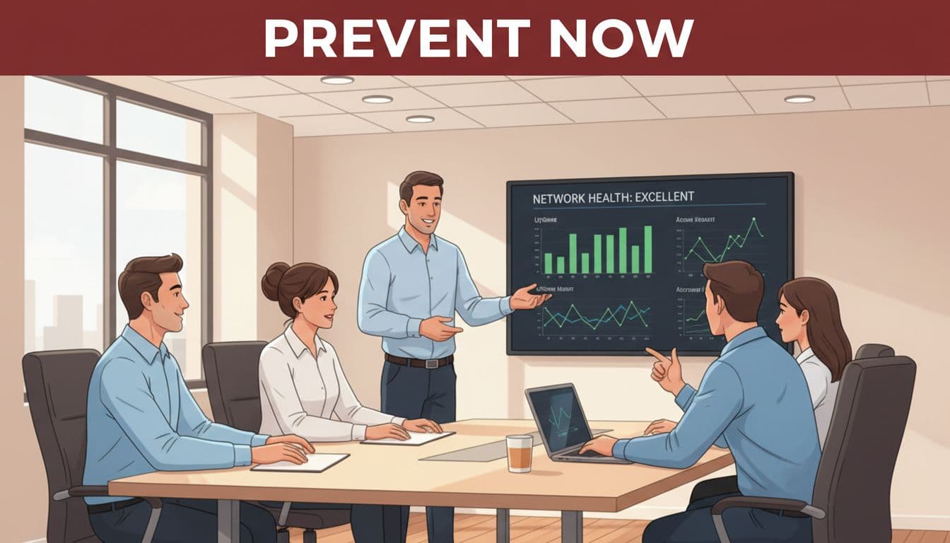 In a modern Fairfax VA office conference room, a proactive IT support team collaborates with a happy small business owner, reviewing green uptime metrics on a large shared monitor to prevent IT downtime.