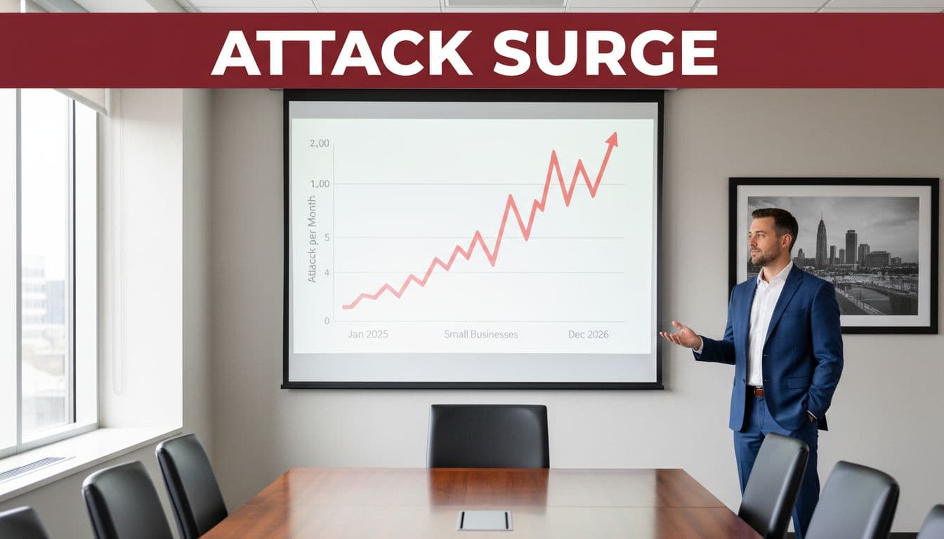 Modern line graph on office projector in Fairfax Virginia conference room shows sharp upward red trendline of ransomware attacks per month on small businesses; relaxed business owner stands beside, DC skyline wall decor, realistic photo style.