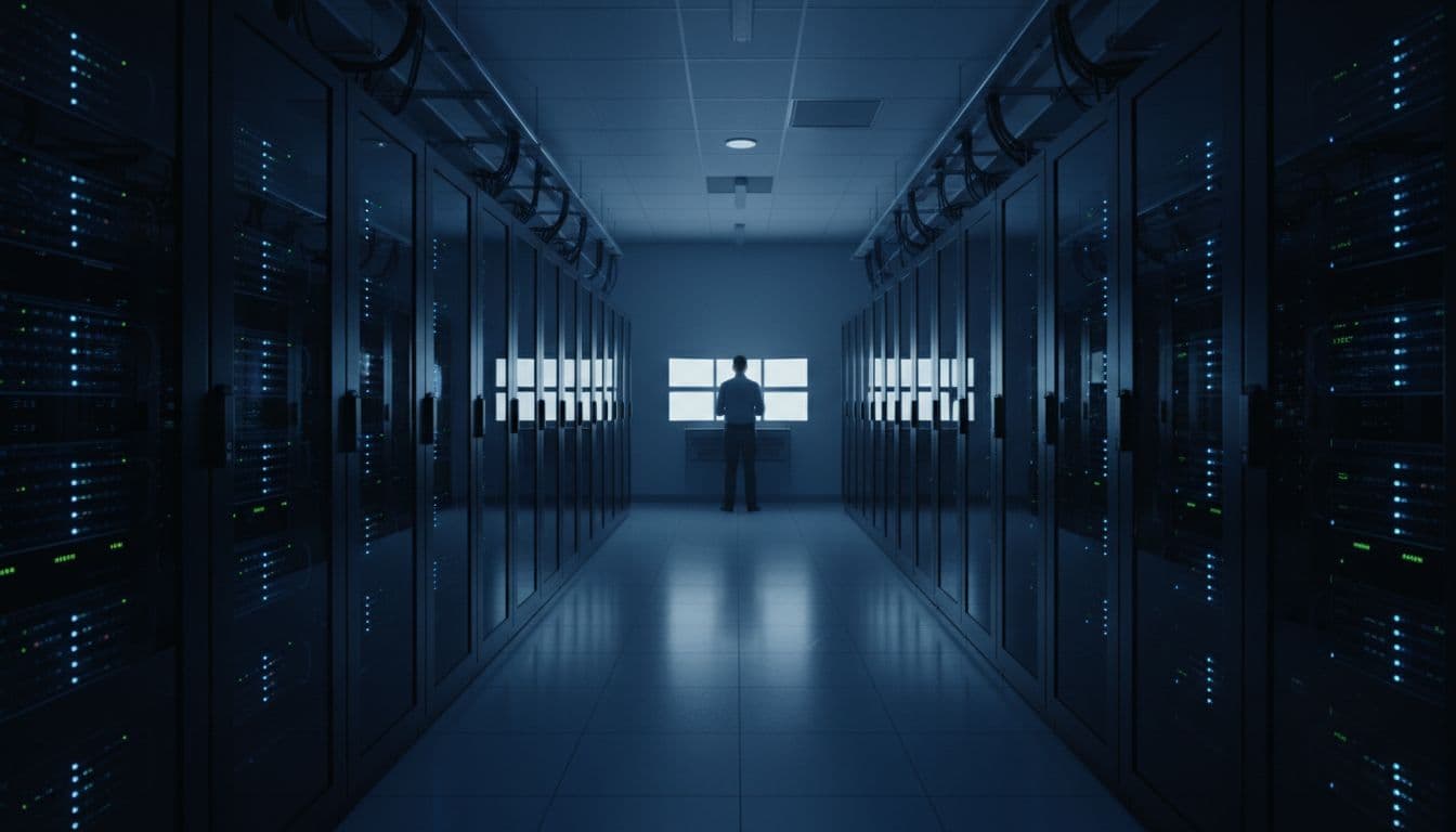 Rows of locked server racks with glowing status lights in a modern Northern Virginia healthcare facility server room, one IT technician checking monitors from a distance under dim blue lighting.