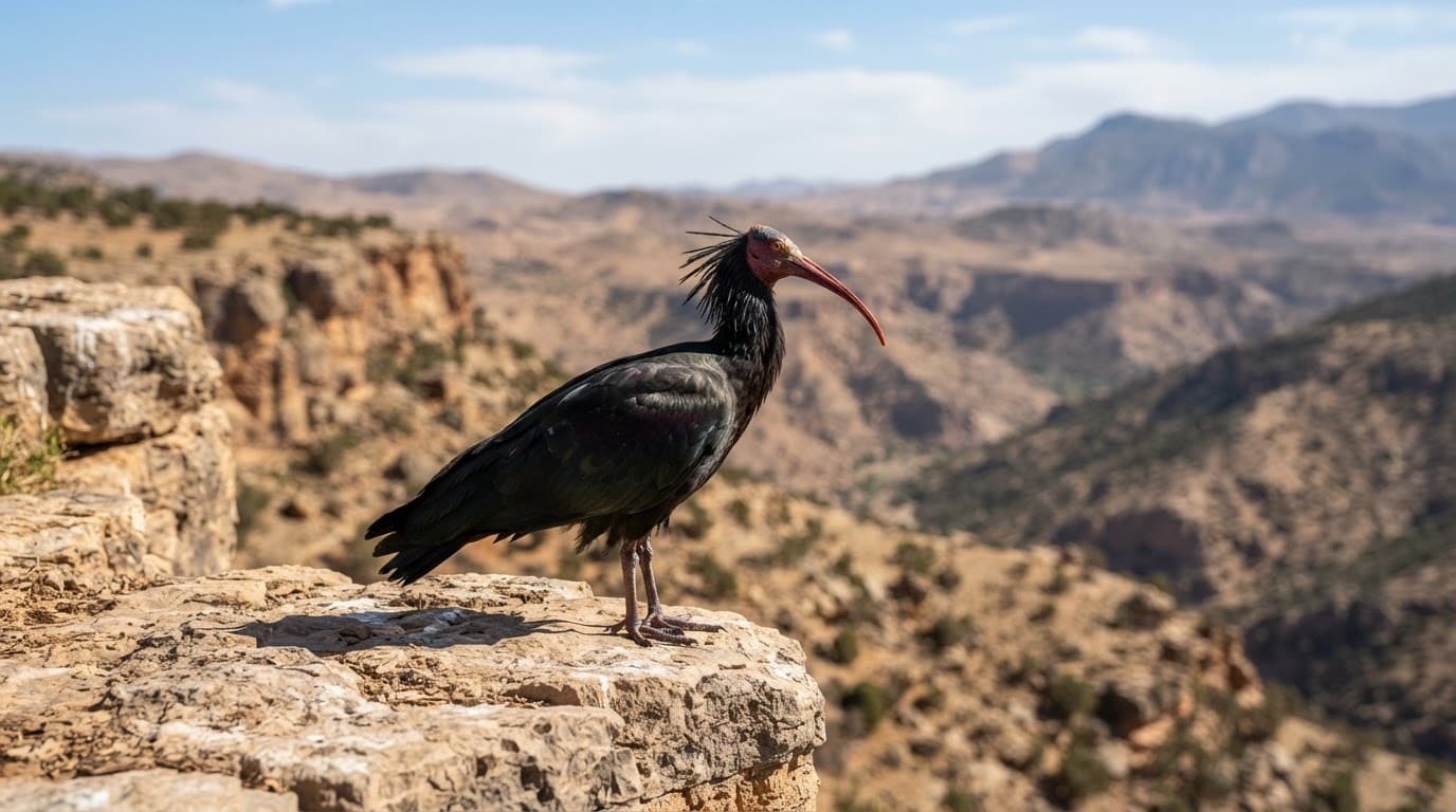 Northern Bald Ibis standing on a rocky ledge above Morocco's arid hills.