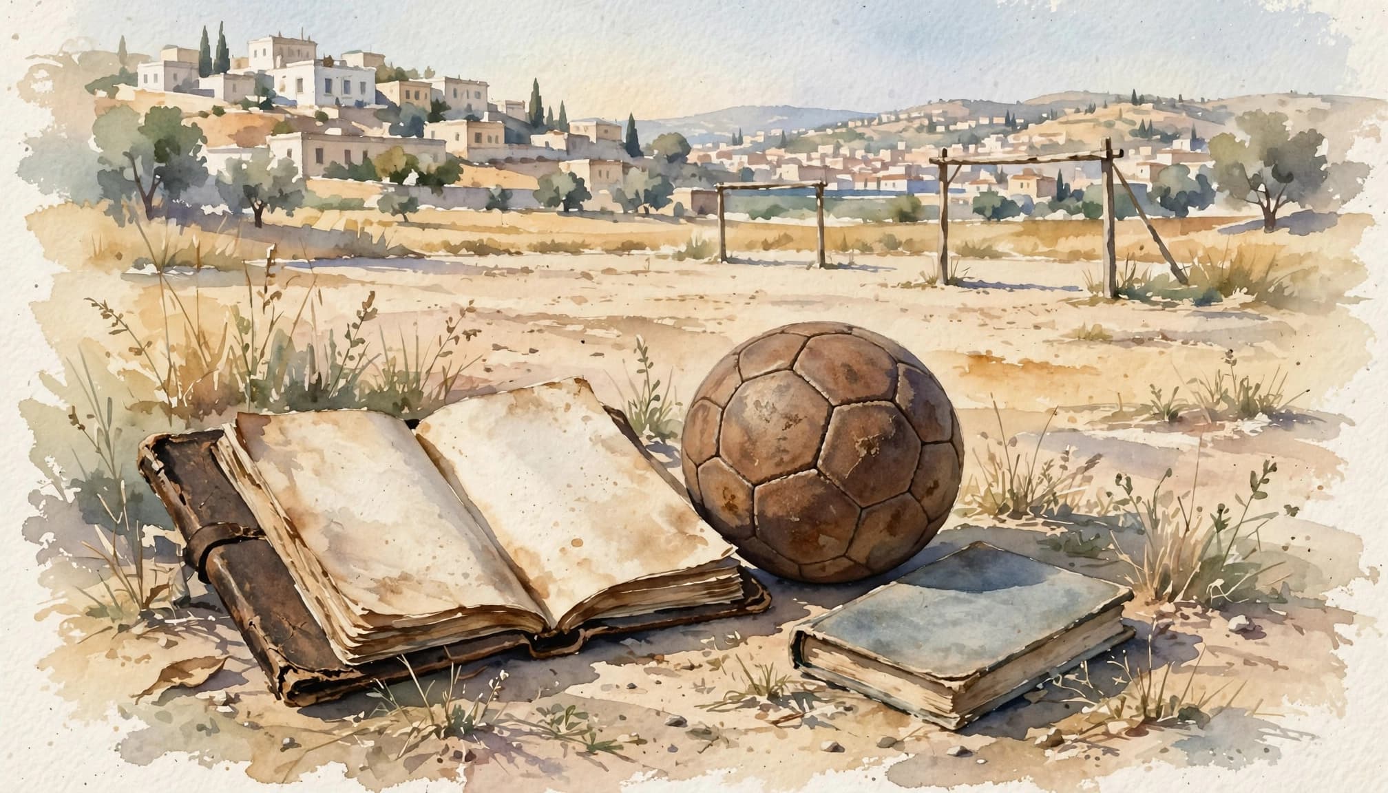 Un carnet ouvert et un vieux ballon devant un terrain poussiéreux avec des buts.