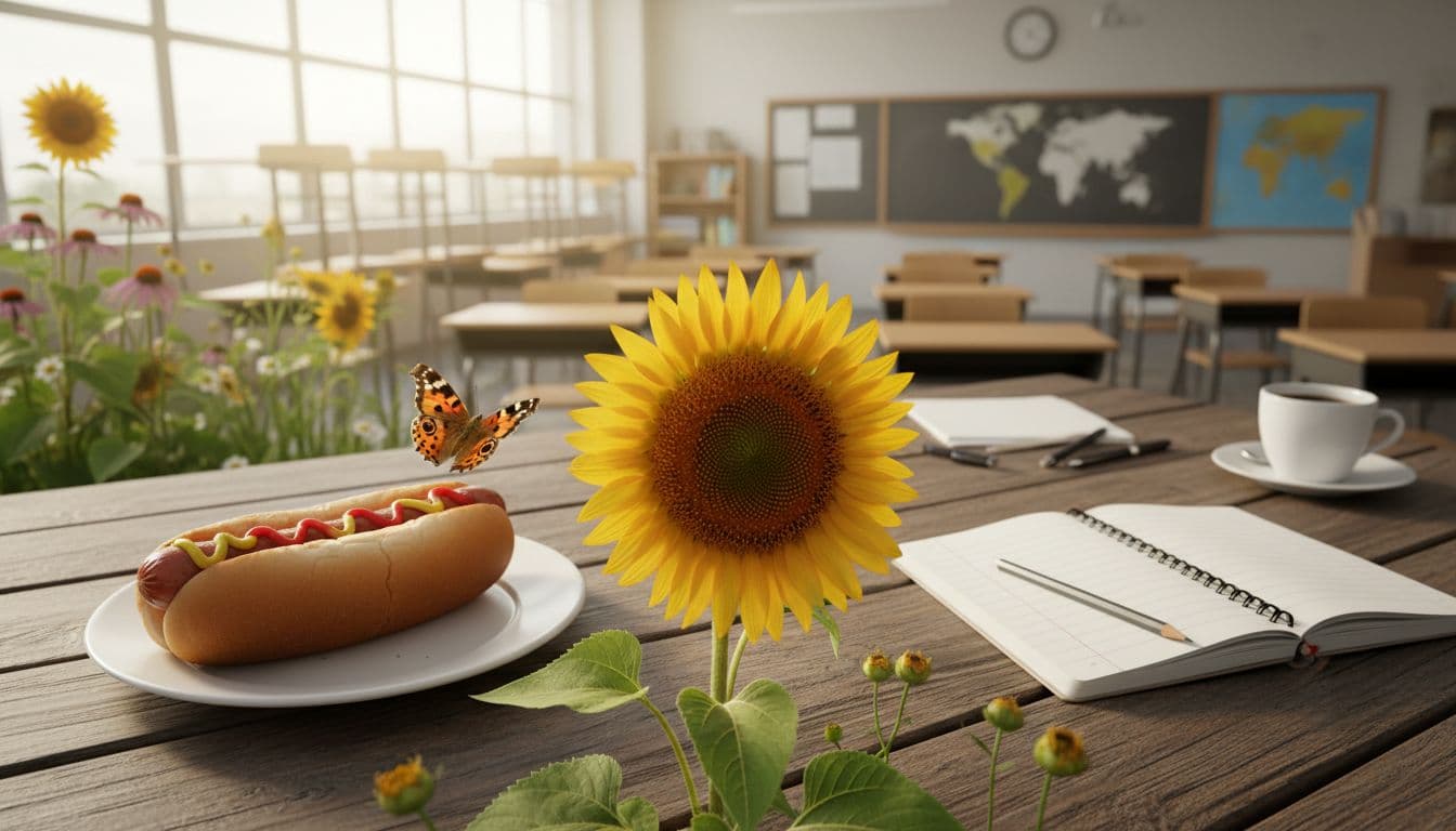 Arranged scene shows sunflower, hot dog on plate, butterfly on flower, open notebook on desk, and classroom desks.