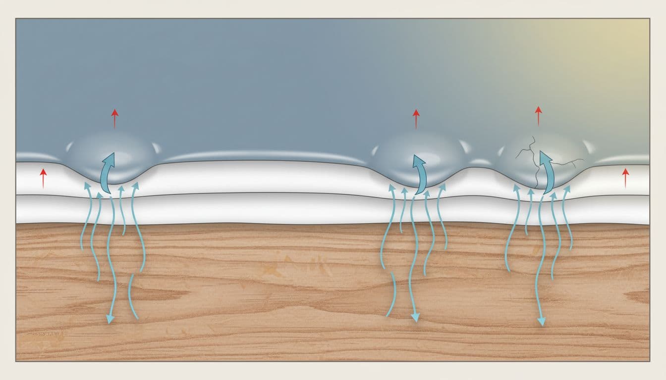 Technical cross-section of exterior wood siding wall assembly illustrating paint blistering from trapped moisture vapor originating inside the wall, expanding due to solar heat.
