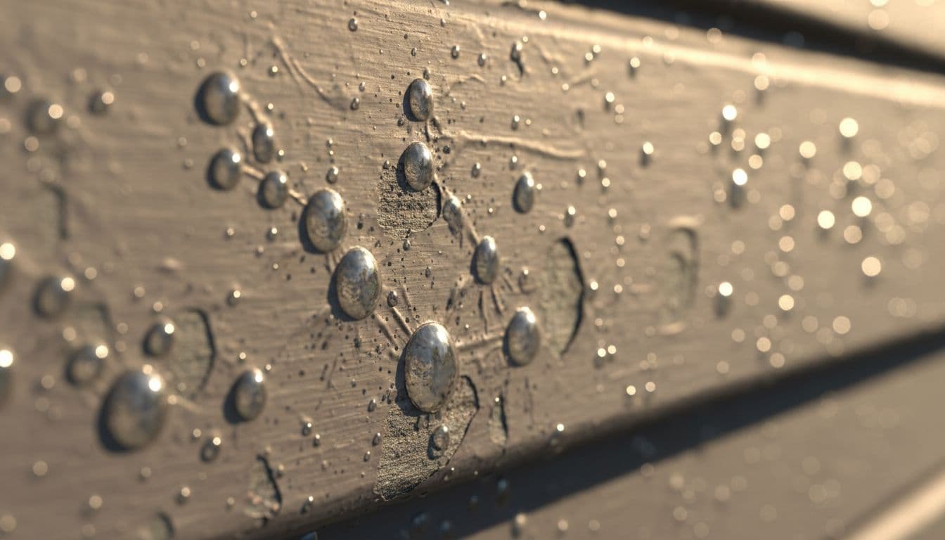 Close-up documentary-style image of painted exterior trim showing multiple paint blisters and bubbles, some intact and raised, others popped open revealing underlying surface, with subtle moisture staining and natural afternoon lighting.