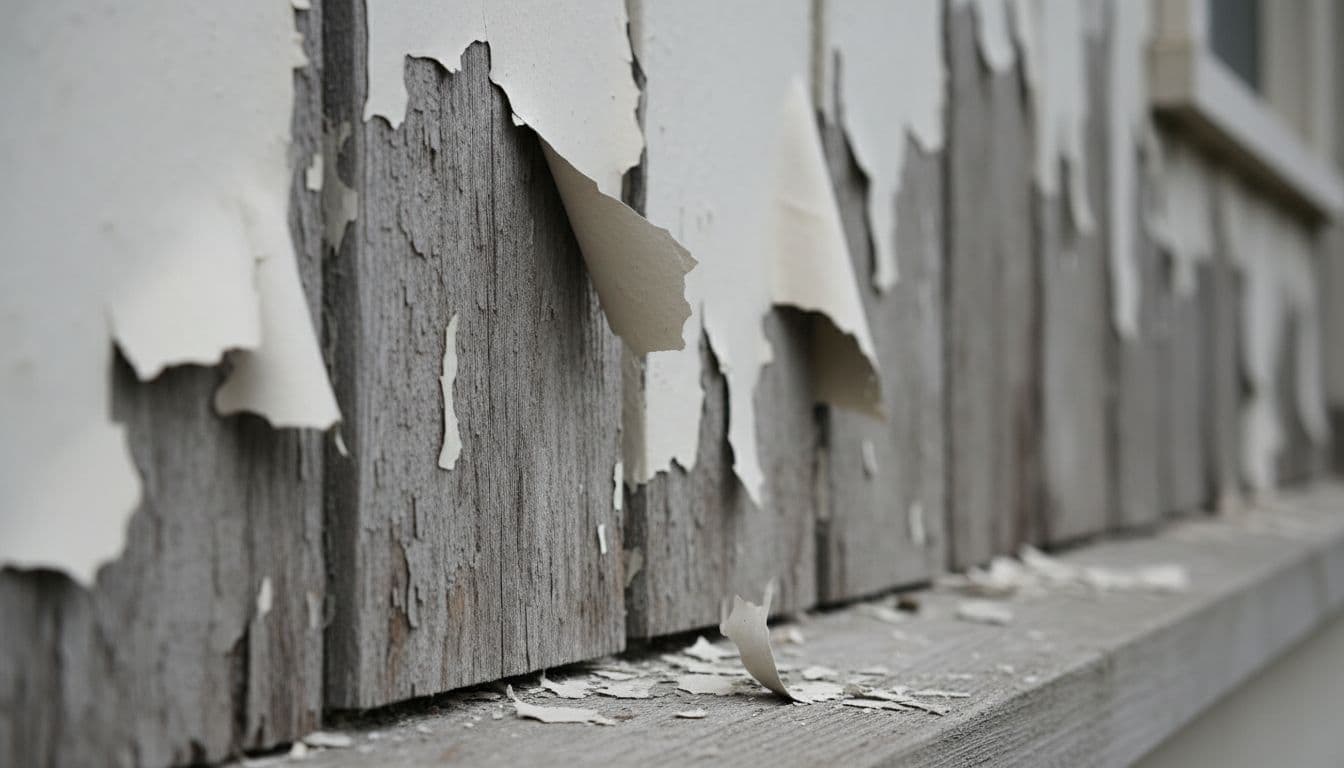Photorealistic close-up of house exterior wood siding with off-white paint peeling in large sheets and curled edges, revealing gray weathered wood beneath. Sharp focus on rough wood grain, lifted paint edges, flakes, and chips under even overcast daylight.