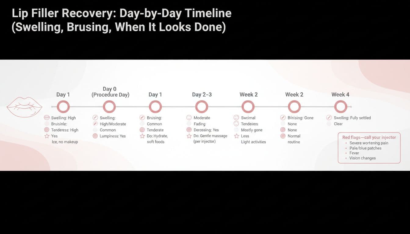 A clean, medical-style infographic timeline detailing lip filler recovery from Day 0 to Week 4, including swelling levels, bruising, tenderness, lumpiness, aftercare tips, and red flags.