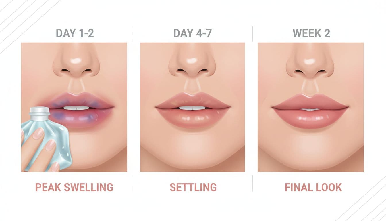 Medical-style infographic showing a woman's lips through lip filler recovery stages in three panels: Day 1-2 peak swelling and bruising, Day 4-7 reduced swelling, and Week 2 final plump natural look. Features soft neutral palette, vector illustrations, and calm reassuring mood for high readability.