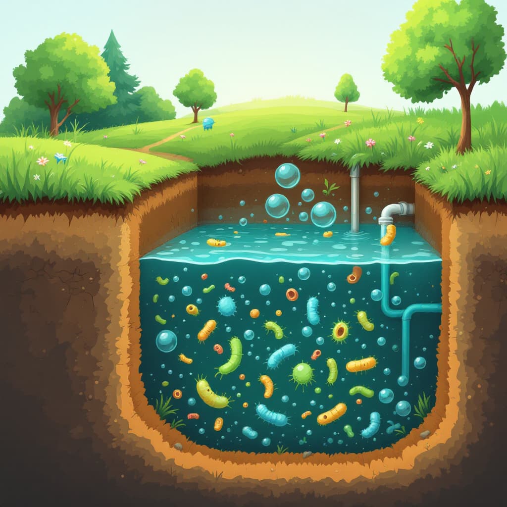 Cross-section of an oxygen-rich septic tank with bubbles and active bacteria breaking down waste. Image created with AI.