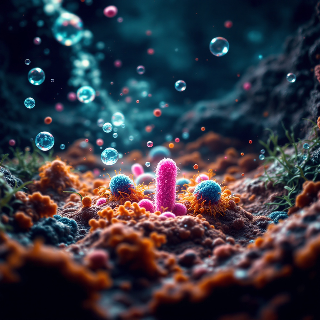 Microscopic view of anaerobic bacteria releasing gas bubbles in a dark septic tank environment. Image generated by AI.