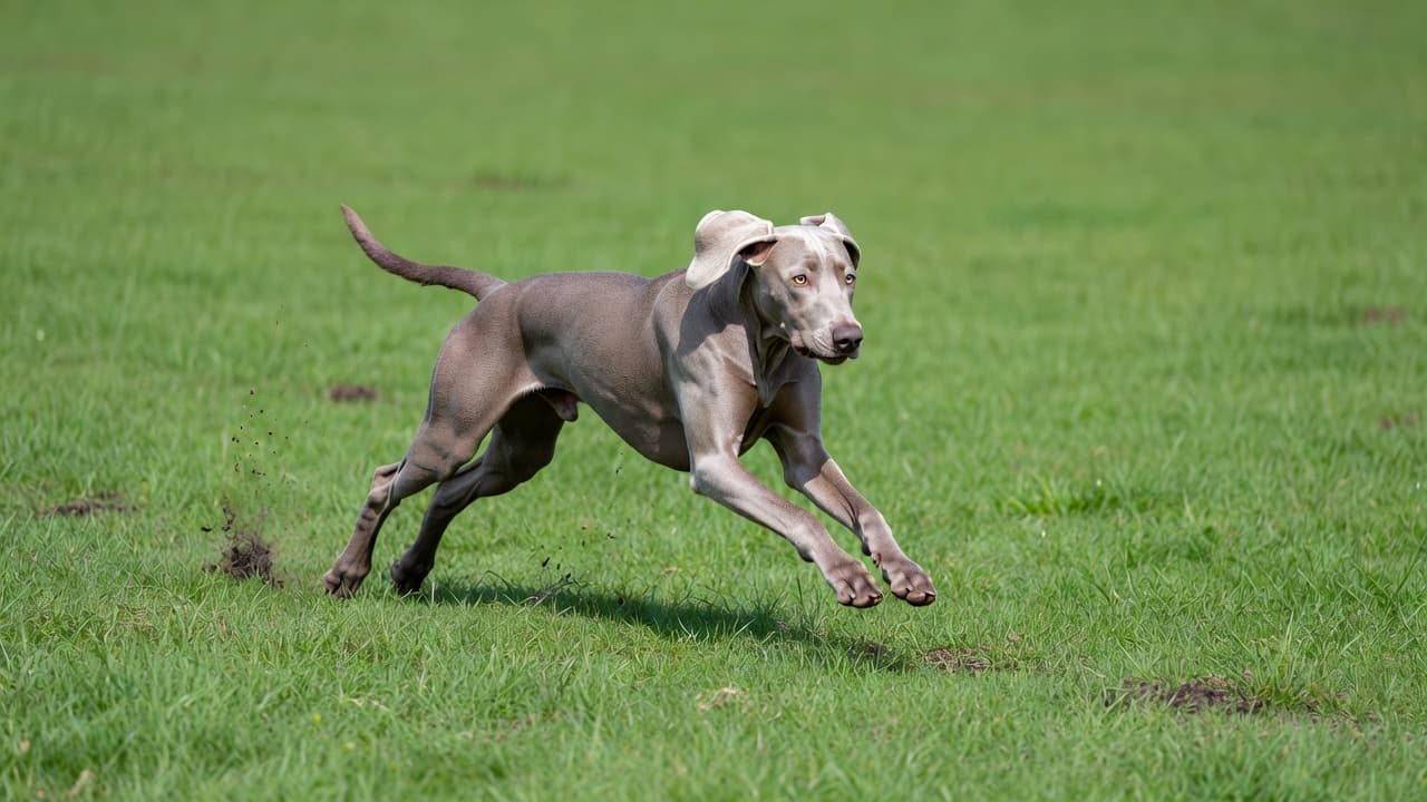 A muscular silver Weimaraner sprints across a vast, sunlit meadow at full speed. The dog's focused expression and powerful stride emphasize its high energy levels amidst the vibrant, blurry green grass.