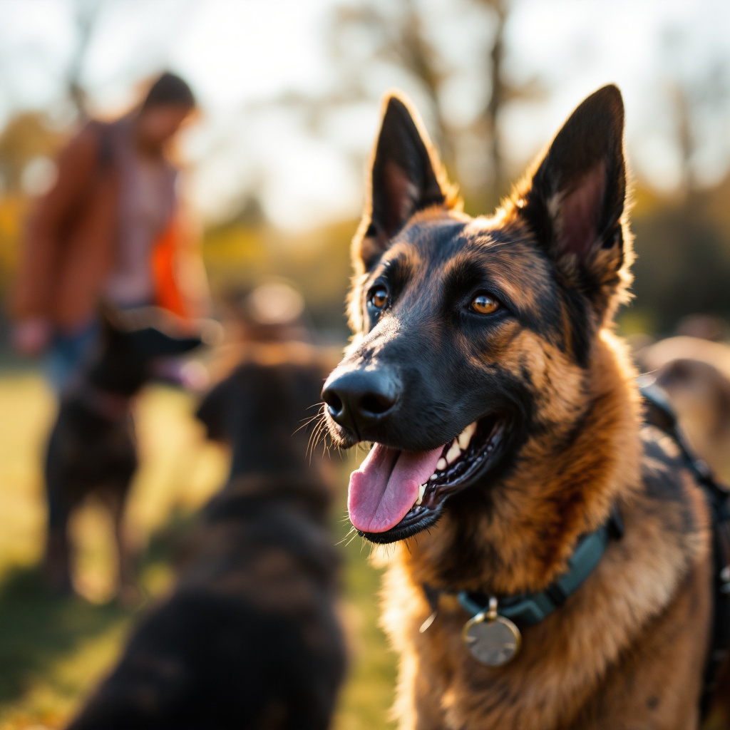 Close-up of a Belgian Malinois with a friendly expression being guided through socialisation with a group of people and dogs in a park on a sunny day. Image created with AI.