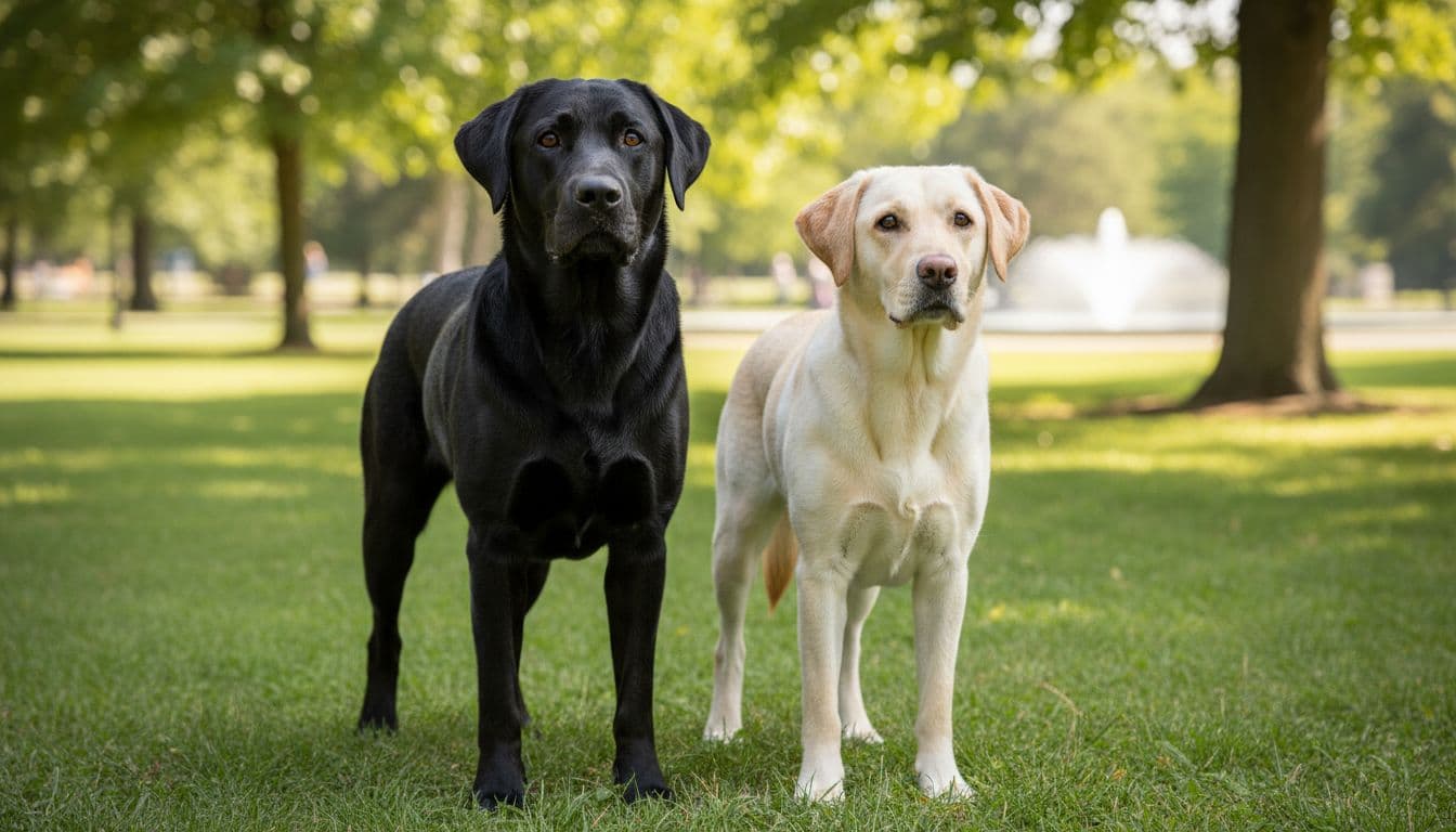 Two adult Labrador Retrievers—a black male and a yellow female—stand alert and healthy side by side in a sunny park under natural lighting.