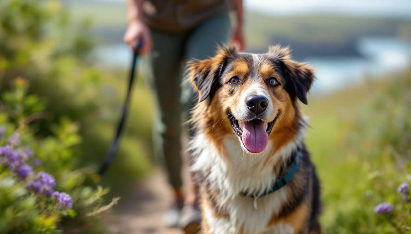 A cheerful dog on a guided walk with a professional dog walker along a Cornwall coastal path, with the beach in the background. Image created with AI.