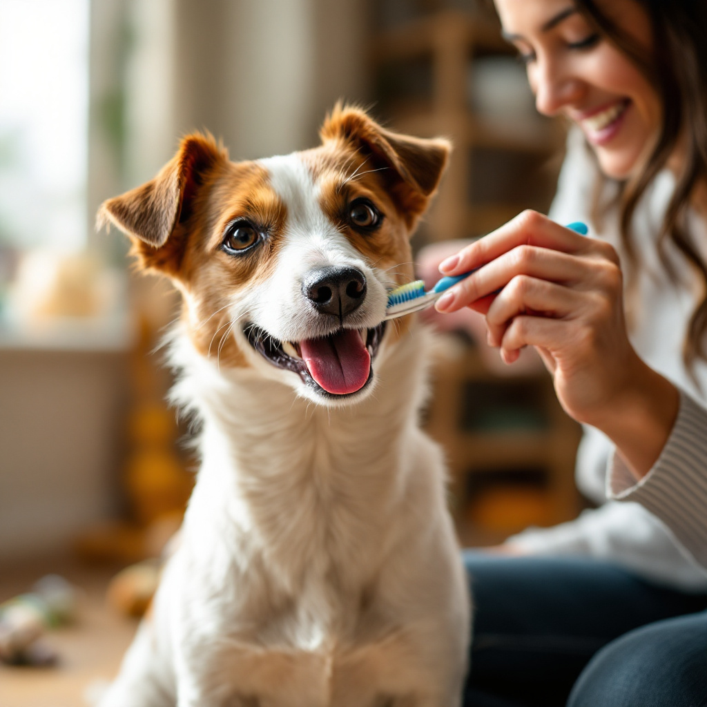 Owner brushing a Jack Russell Terrier’s teeth in a bright, cozy home. Image created with AI.