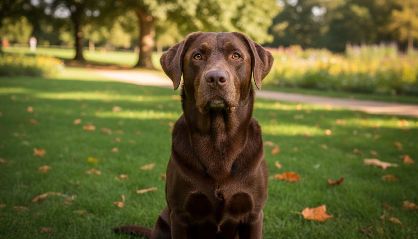 Portrait of a healthy adult chocolate Labrador Retriever sitting attentively in a sunny park with glossy brown coat, bright eyes, and relaxed posture in realistic photograph style.
