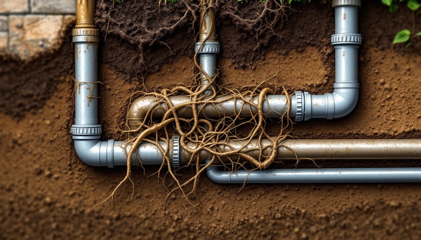 Cross-section of septic pipes and drain field with biofilm clogs and roots blocking flow. Image created with AI.