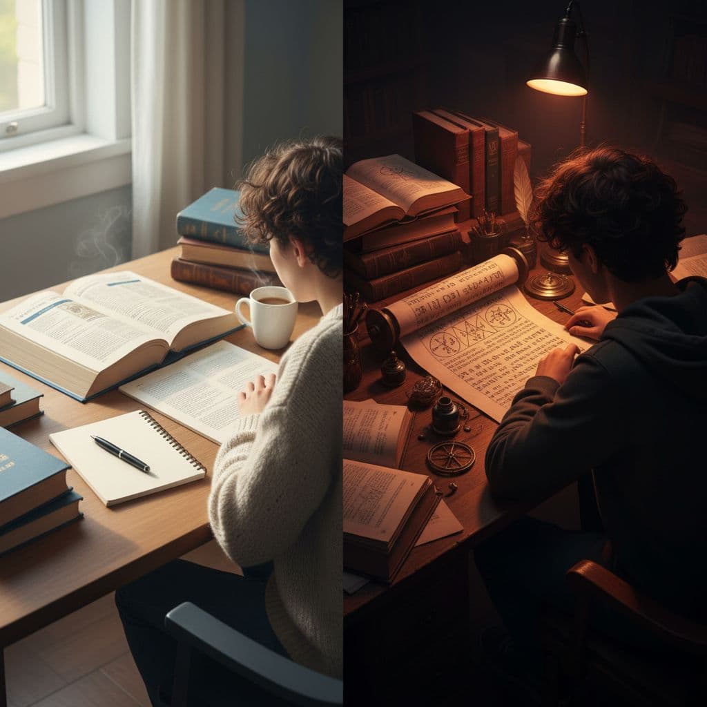 A split composition shows a bright, organised study area alongside a dark, complex workspace featuring unfamiliar symbols.
