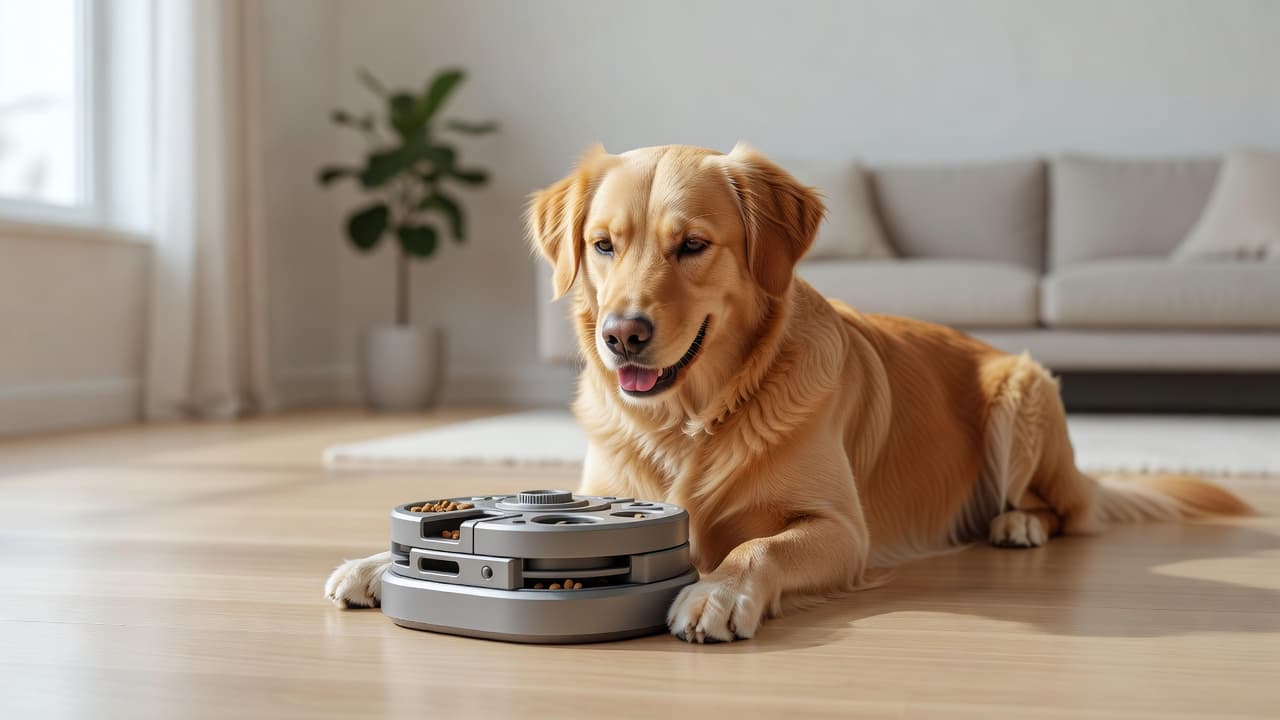 A calm dog concentrates on a plastic puzzle toy placed on a pristine hardwood floor. Soft sunlight fills the cozy living room, creating a peaceful atmosphere for focused mental activity.