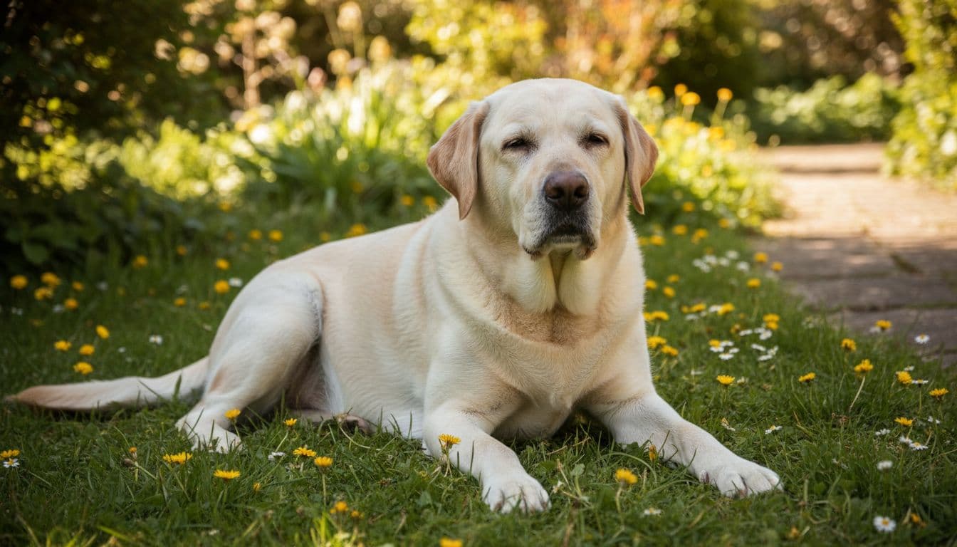 A serene very old yellow Labrador Retriever with extensive gray fur on muzzle and body sits calmly in a sunny garden with soft grass, showcasing relaxed posture in realistic photograph style under warm natural daylight.