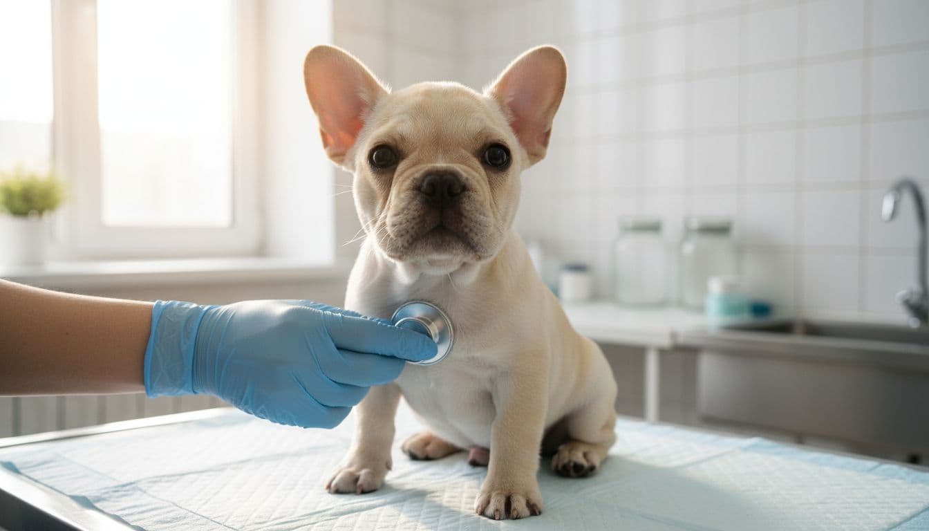Adorable French Bulldog puppy sitting calmly in a veterinary clinic during a routine checkup, with vet's hand gently holding stethoscope near its chest in a clean, bright room with soft natural light.