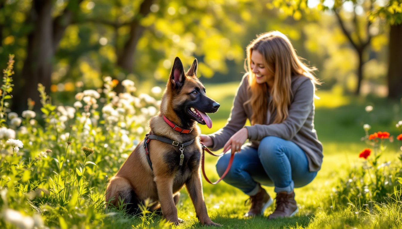 A friendly Belgian Malinois puppy and a professional dog walker socializing in a sunny East Cornwall park. Both are engaged in gentle, positive training. Image created with AI.