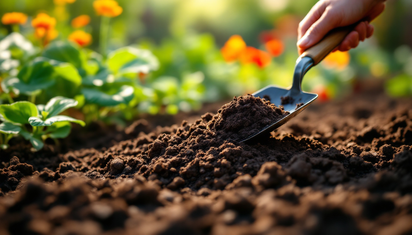 A gardener adding rich compost to garden soil with a trowel, surrounded by thriving vegetables in sunlight. Image created with AI.