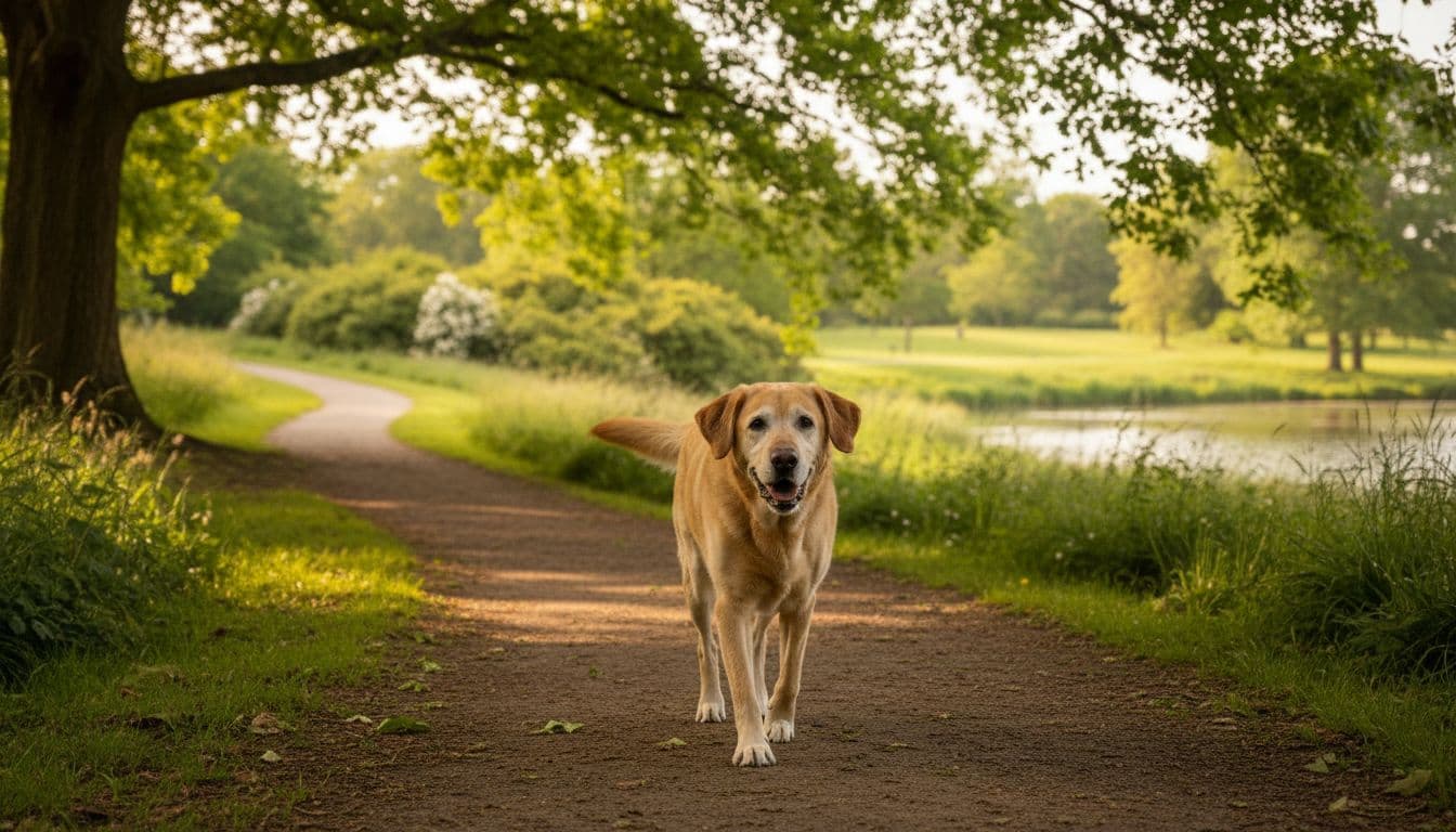 A healthy 12-year-old senior Labrador Retriever with a graying muzzle enjoys a gentle walk in a park, showing a happy expression in soft daylight realistic photograph.