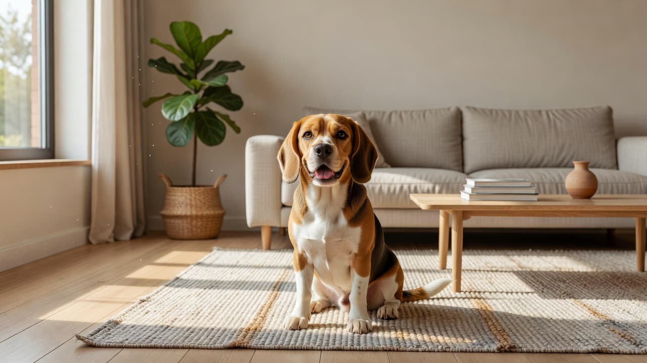 A tri-color beagle sits peacefully on a soft area rug in a sun-drenched modern apartment. The neutral-toned living space features clean furniture, warm sunlight, and a welcoming, relaxed home atmosphere.
