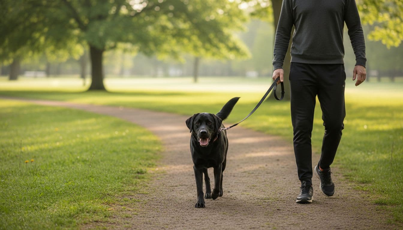 A happy black Labrador Retriever walks steadily on a green park path with its owner holding the leash loosely, capturing a morning routine vibe and daily exercise in realistic photograph style with natural soft daylight.