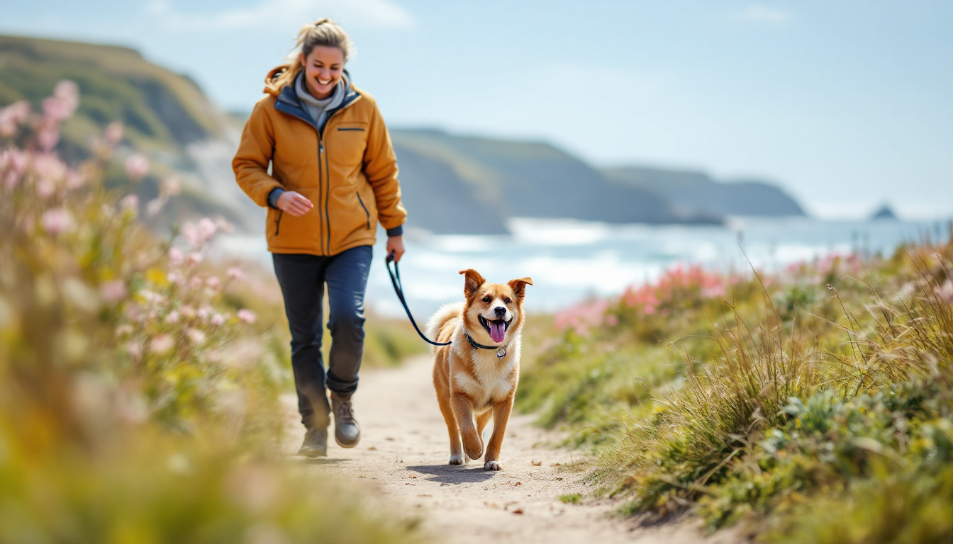 A happy dog with a professional dog walker on a sunny East Cornwall coastal path, capturing the joy of outdoor activity and local walks. Image created with AI.