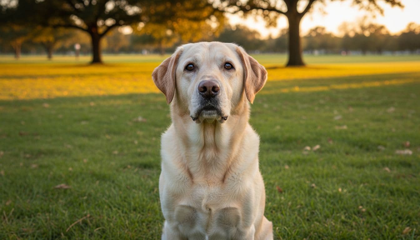 A happy senior Labrador Retriever with graying muzzle and bright eyes sits contentedly in a lush green park during golden hour, illuminated by soft warm lighting in a realistic photograph style.