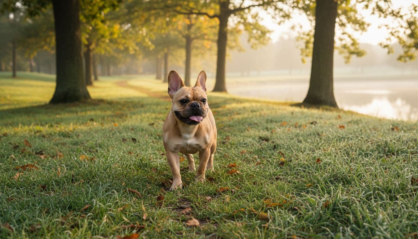 Healthy adult French Bulldog with lean muscular build walking calmly on a grassy path in a park during cool morning light, featuring alert bat ears, smooth short coat, and happy relaxed expression in natural realistic photo style.
