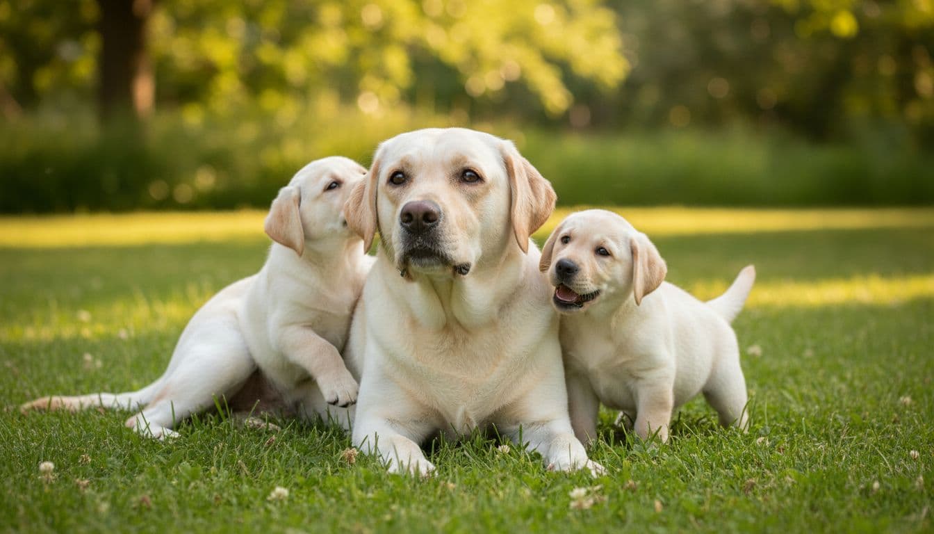 A healthy yellow Labrador Retriever mother dog with two playful puppies in a green grassy yard under natural sunlight, captured in a realistic photograph style with soft warm lighting.