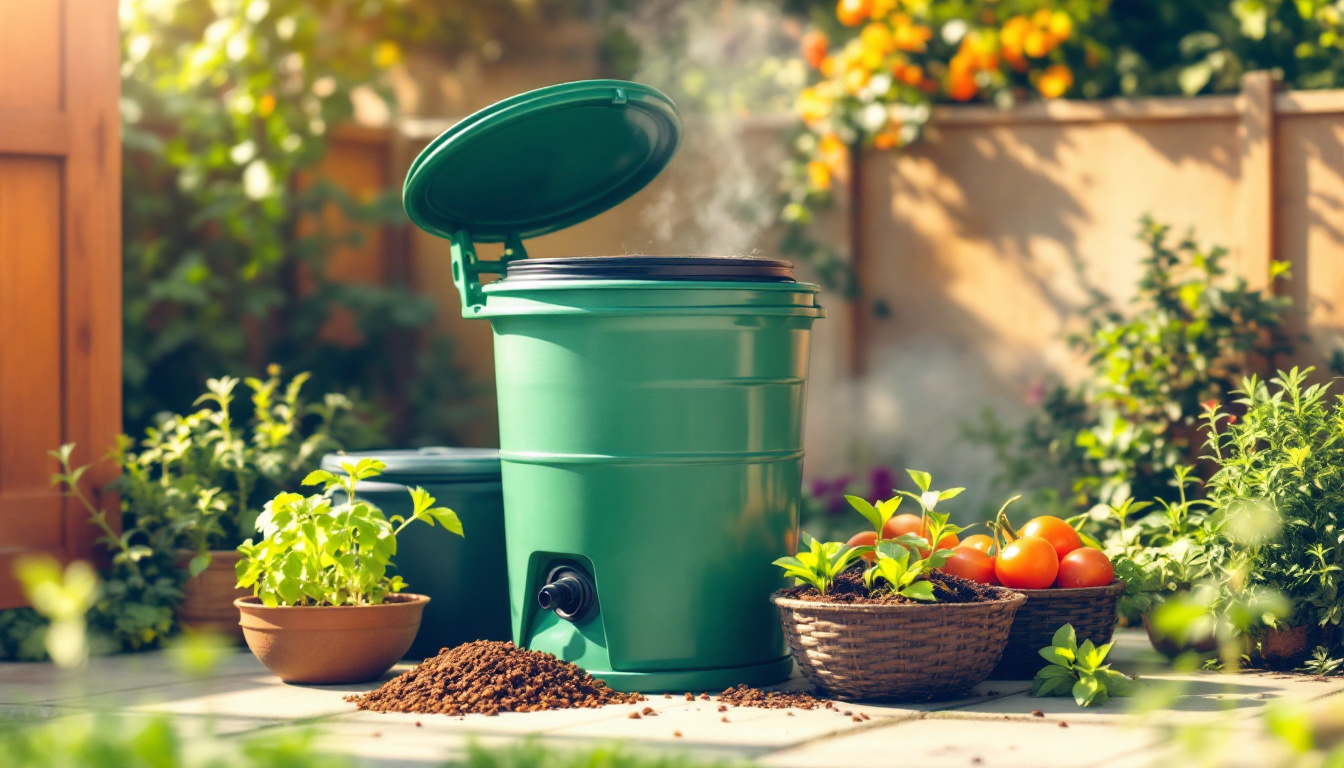 A bright, inviting home compost setup showing a compact compost tumbler on a patio, a worm bin beside it, and finished compost nearby; sunny garden background, warm colors, hands-on setup with greens & browns being added.
