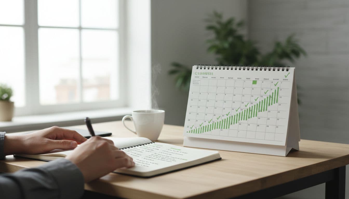Hands work in a French notebook on a desk next to coffee and a progress calendar.