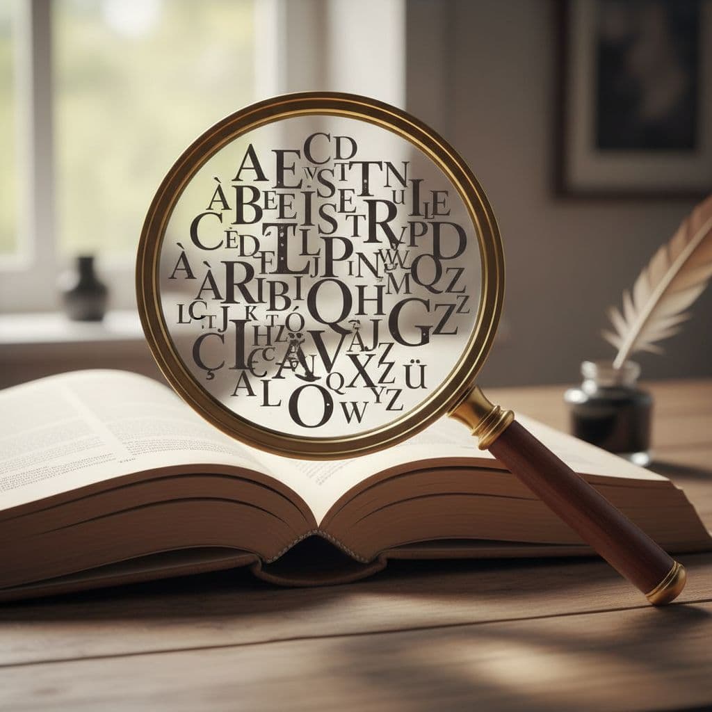 A magnifying glass rests on an open book, highlighting overlapping letters of the English and French alphabets.