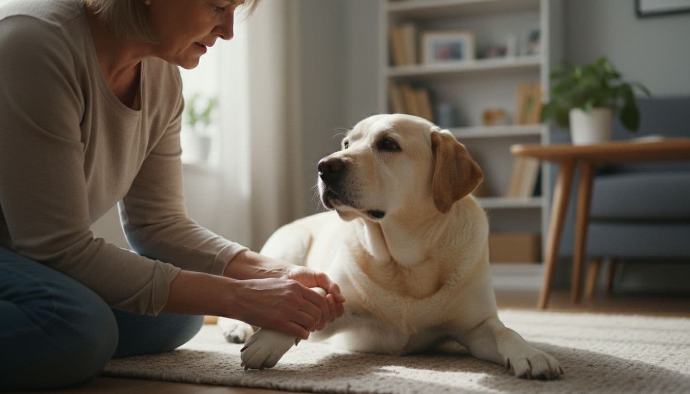Alert Labrador Retriever owner gently checking senior dog's joints during home exam, showing subtle aging signs like gray fur in a caring home setting with soft natural light.