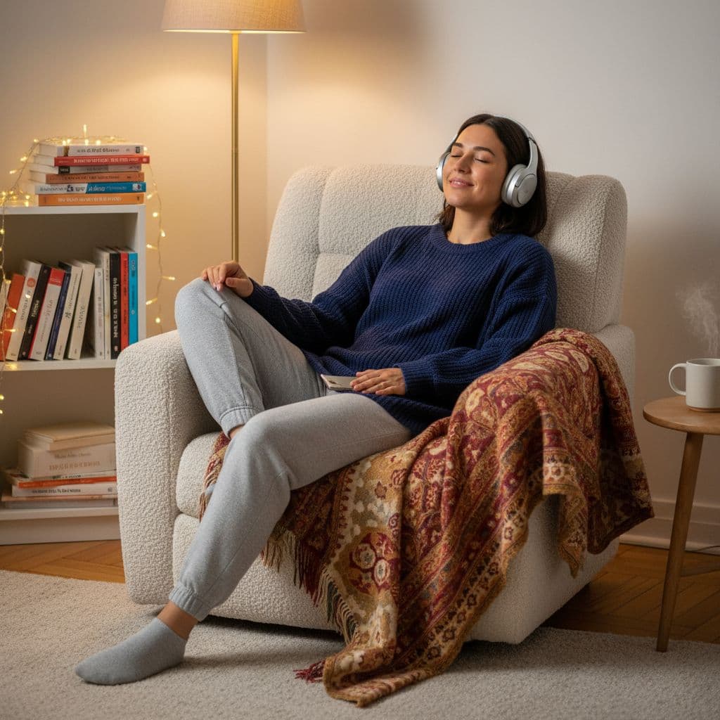 A relaxed person sits in an armchair wearing modern wireless headphones in a cosy home.