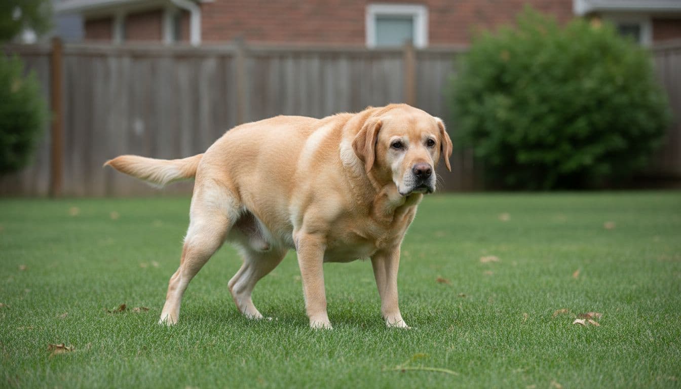 A senior overweight yellow Labrador Retriever hesitantly stands up from lying on soft backyard grass, showing slight limp and stiffness in rear legs. Realistic photograph in natural overcast daylight, focused solely on the dog.
