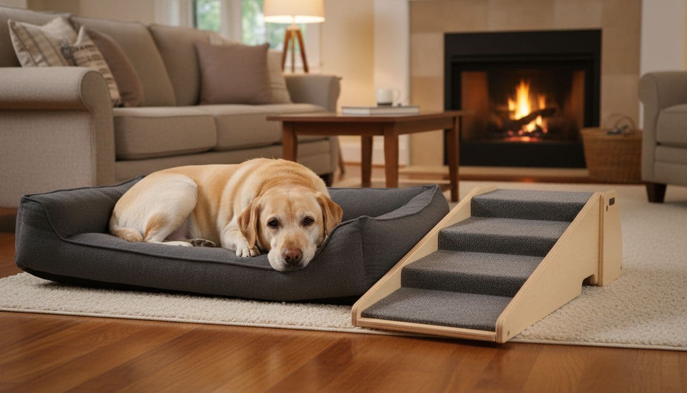A senior yellow Labrador Retriever with a gray muzzle lies comfortably on an orthopedic bed in a cozy living room, featuring a nearby ramp for stairs and a non-slip rug for safety. The relaxed pose under warm indoor lighting demonstrates ideal home modifications for senior dog comfort.