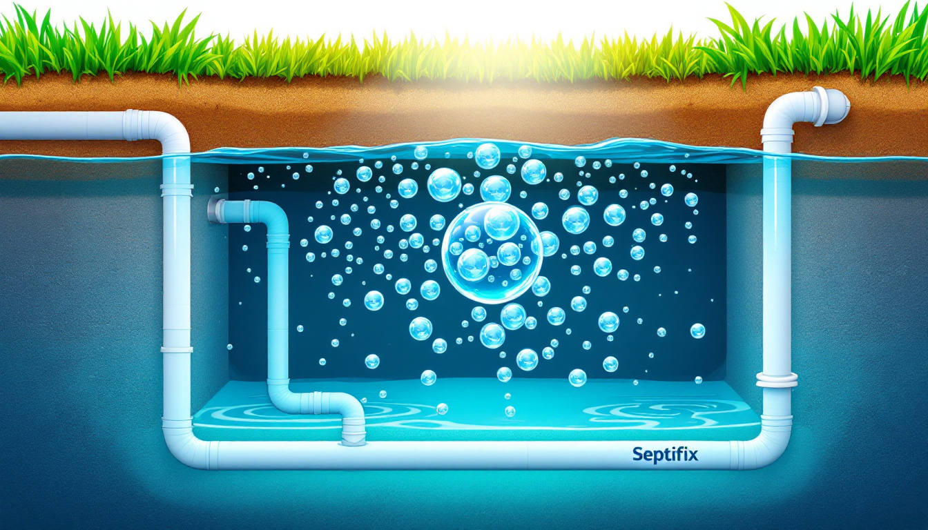 Septic tank cross-section with oxygen bubbles neutralizing dark gases and clearing sludge. Image created with AI.