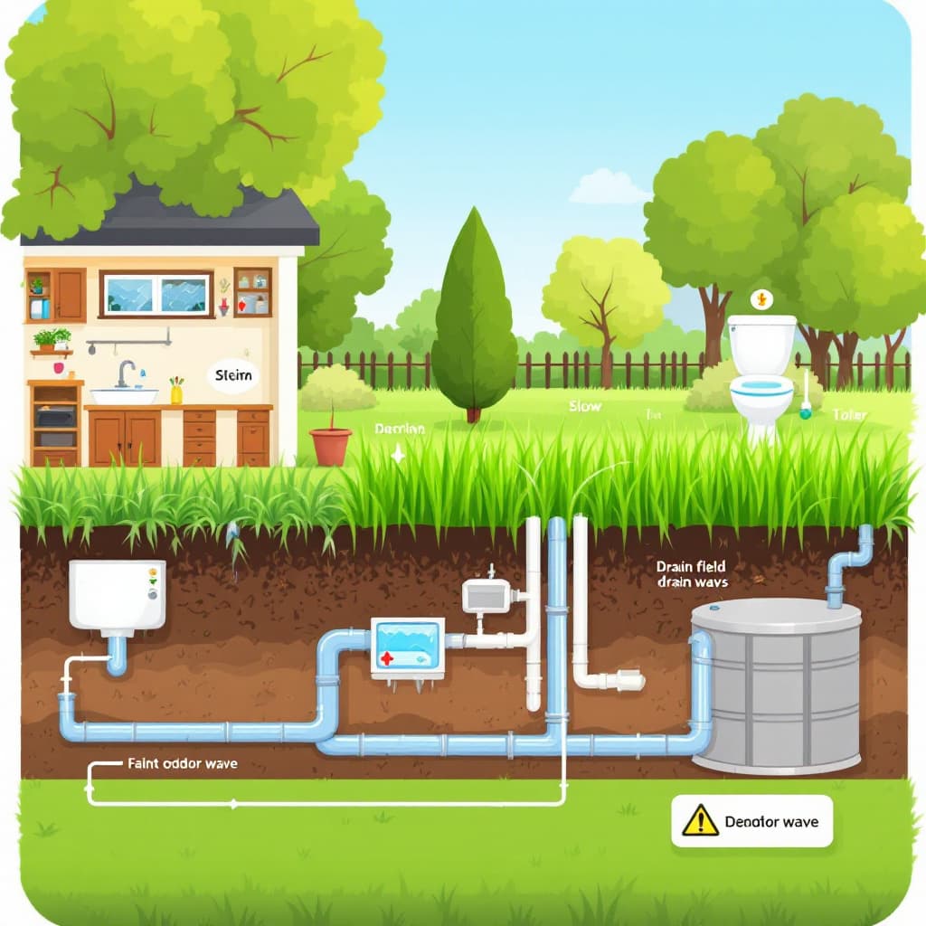 Illustration of a home showing slow drains, a gurgling toilet, greener grass over the drain field, and a faint odor near the tank