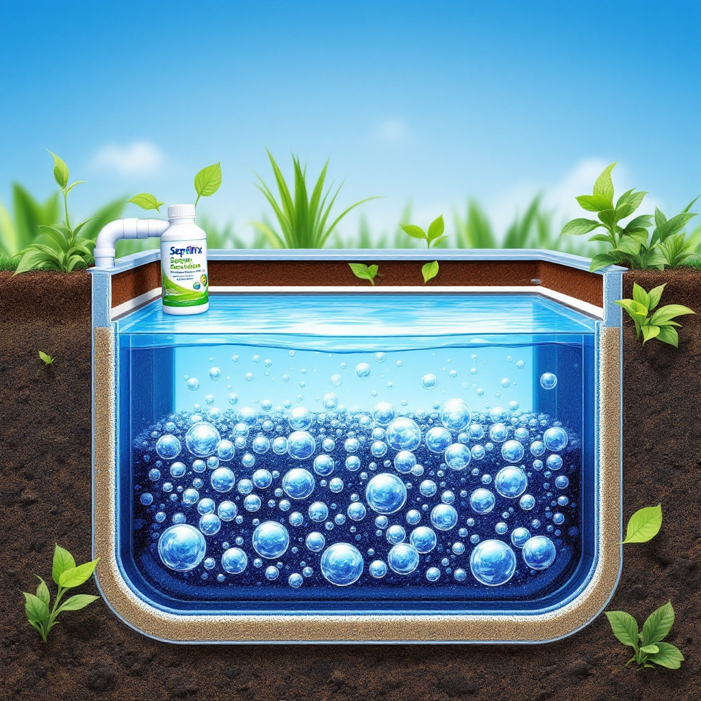 Cross-section of a septic tank showing oxygen bubbles rising and neutralizing dark gases, with plants above ground. Image created with AI.